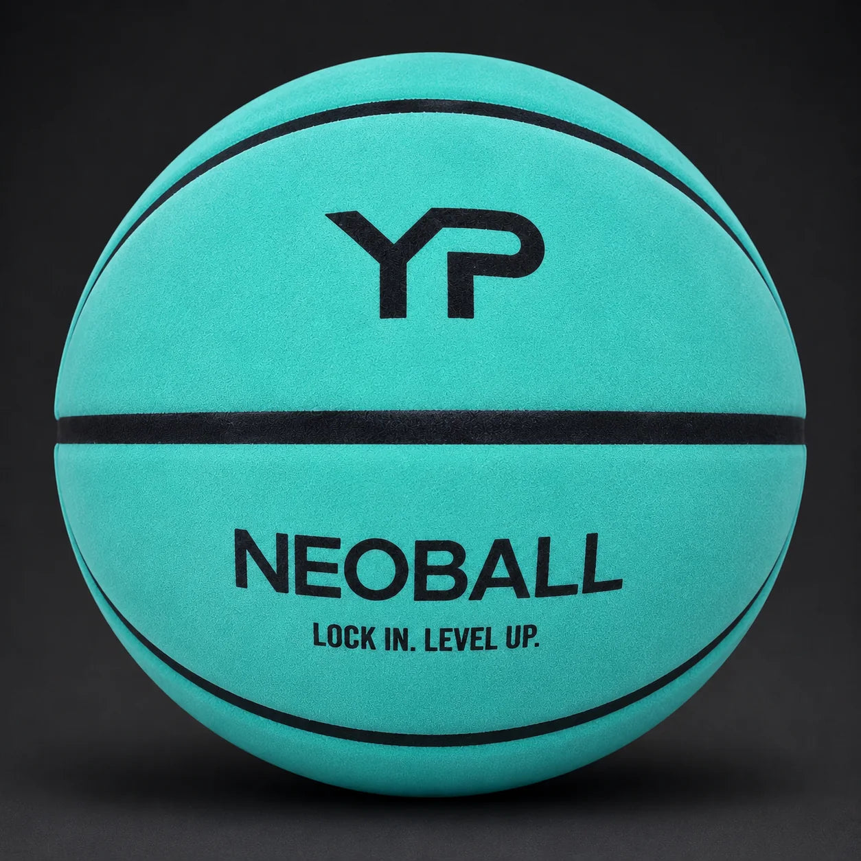 NeoBall basketball in YP Cyan with three black seam loops, the YP mark and the NEOBALL wordmark, on a near-black studio backdrop